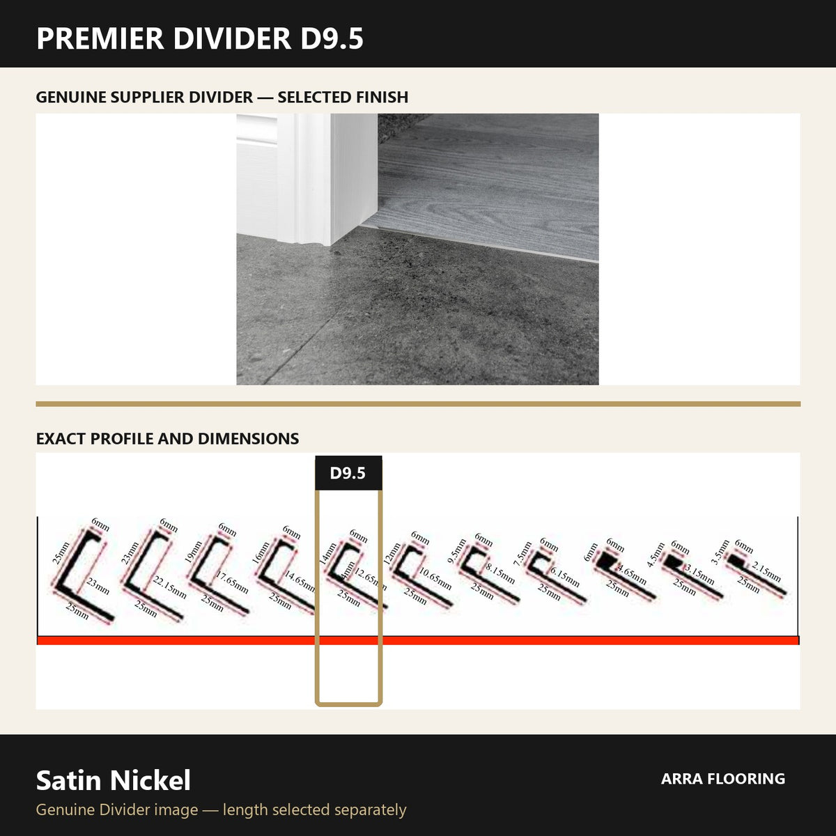 Premier Divider D9.5 in Satin Nickel — genuine Divider image and dimensioned profile