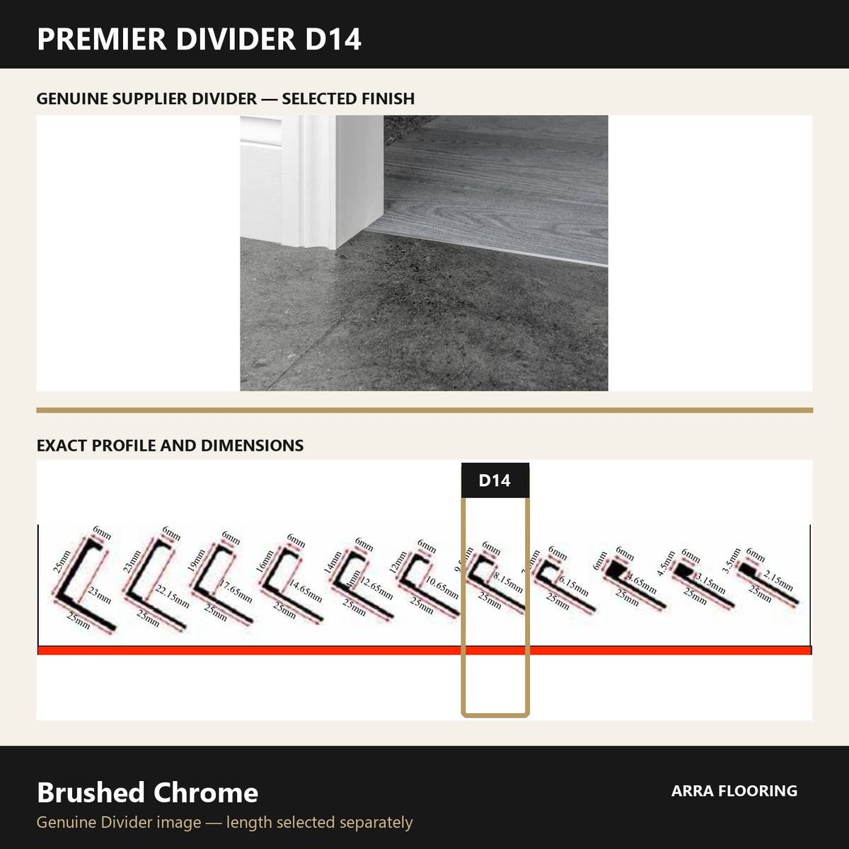 Premier Divider D14 in Brushed Chrome — genuine Divider image and dimensioned profile