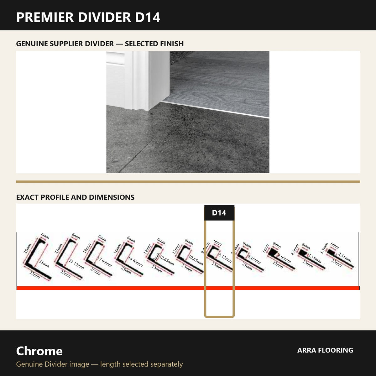Premier Divider D14 in Chrome — genuine Divider image and dimensioned profile