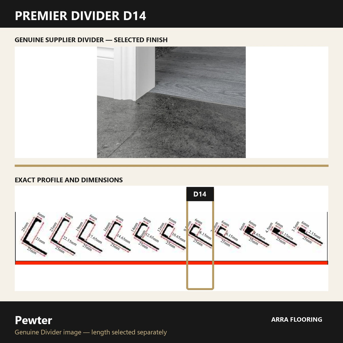 Premier Divider D14 in Pewter — genuine Divider image and dimensioned profile