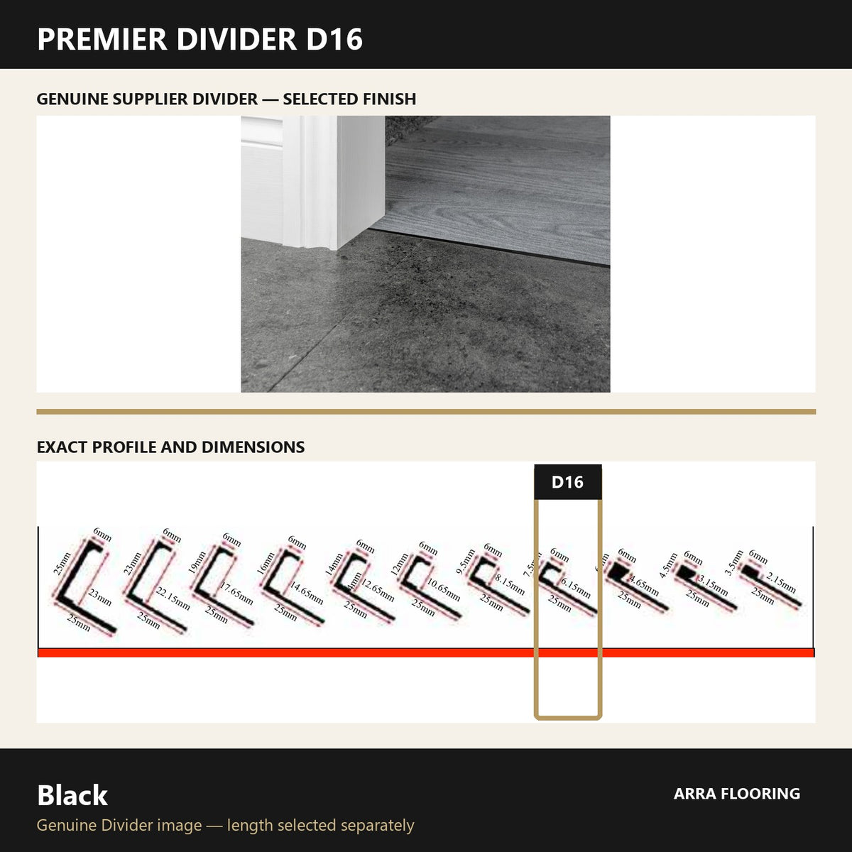 Premier Divider D16 in Black — genuine Divider image and dimensioned profile