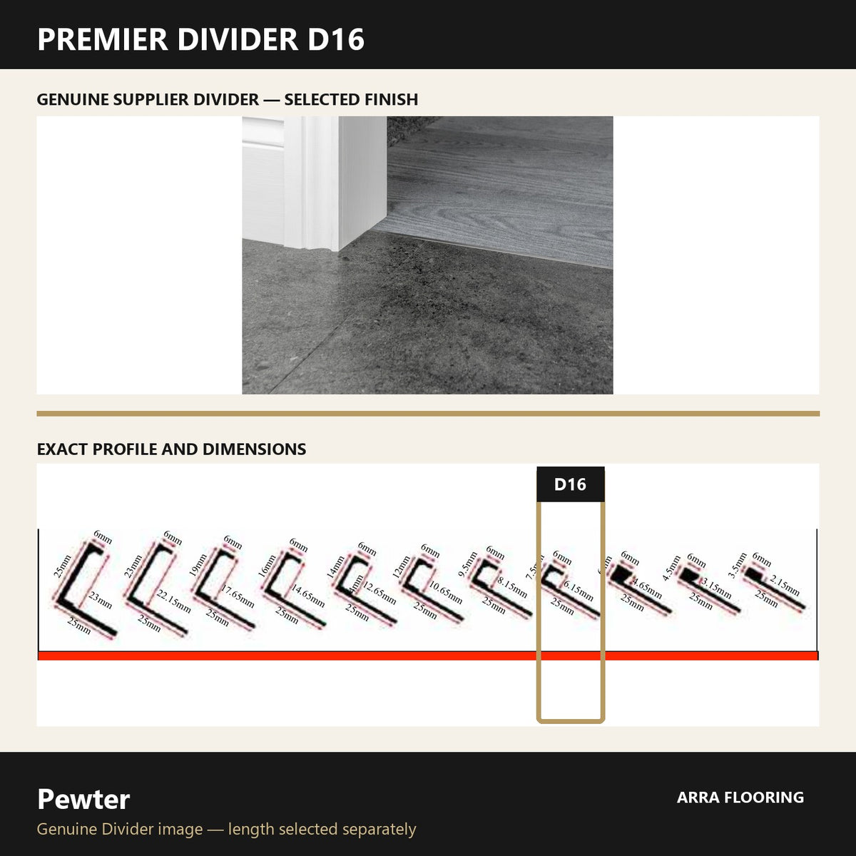 Premier Divider D16 in Pewter — genuine Divider image and dimensioned profile