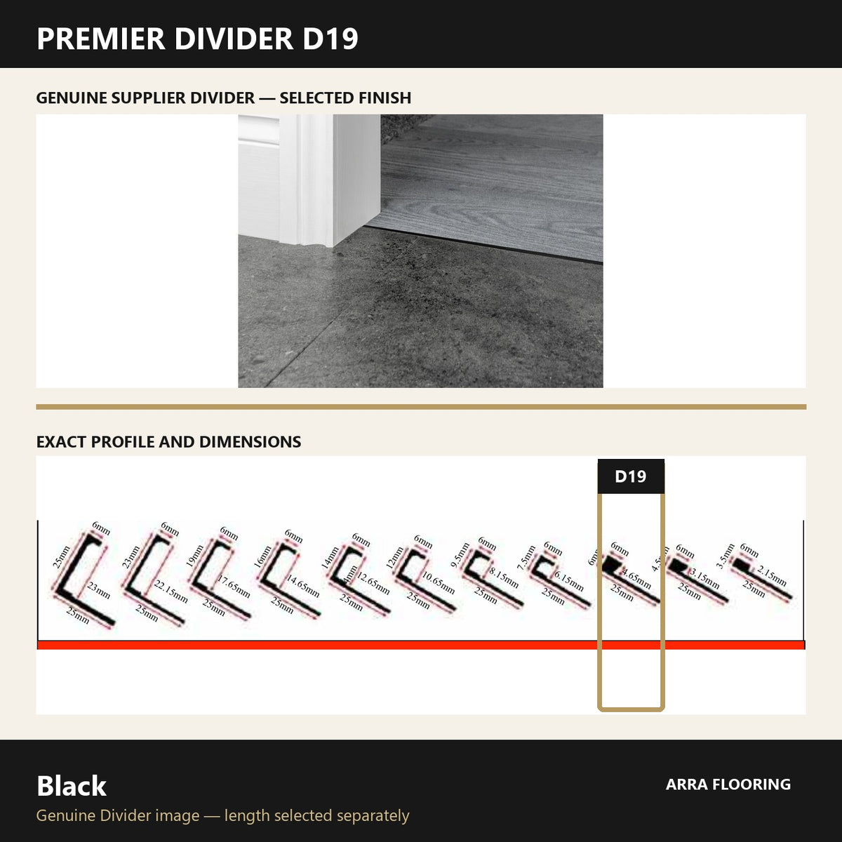 Premier Divider D19 in Black — genuine Divider image and dimensioned profile