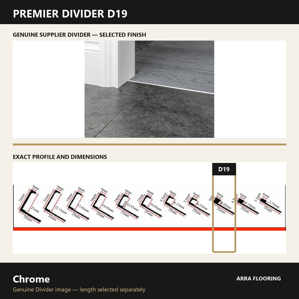 Premier Divider D19 in Chrome — genuine Divider image and dimensioned profile