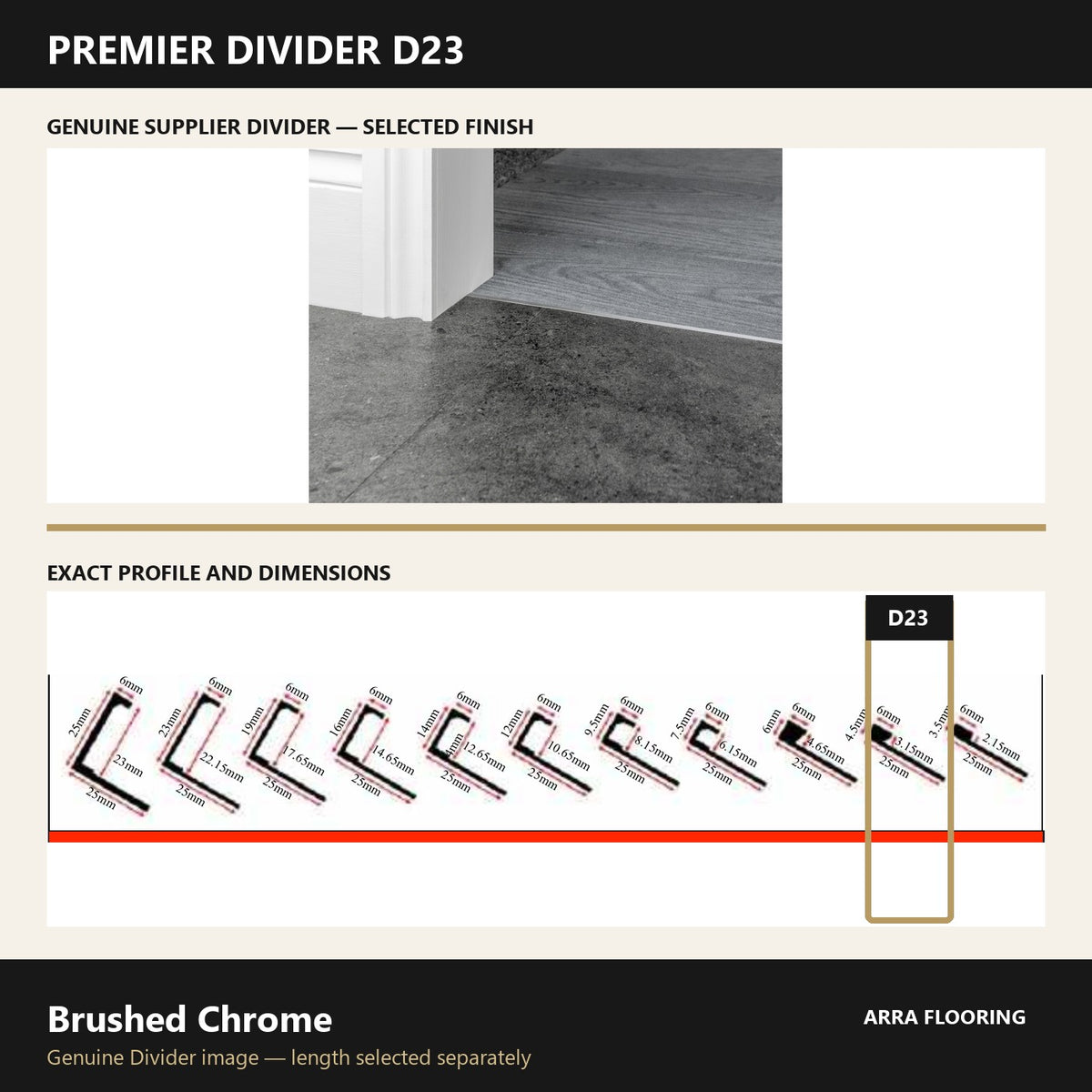 Premier Divider D23 in Brushed Chrome — genuine Divider image and dimensioned profile