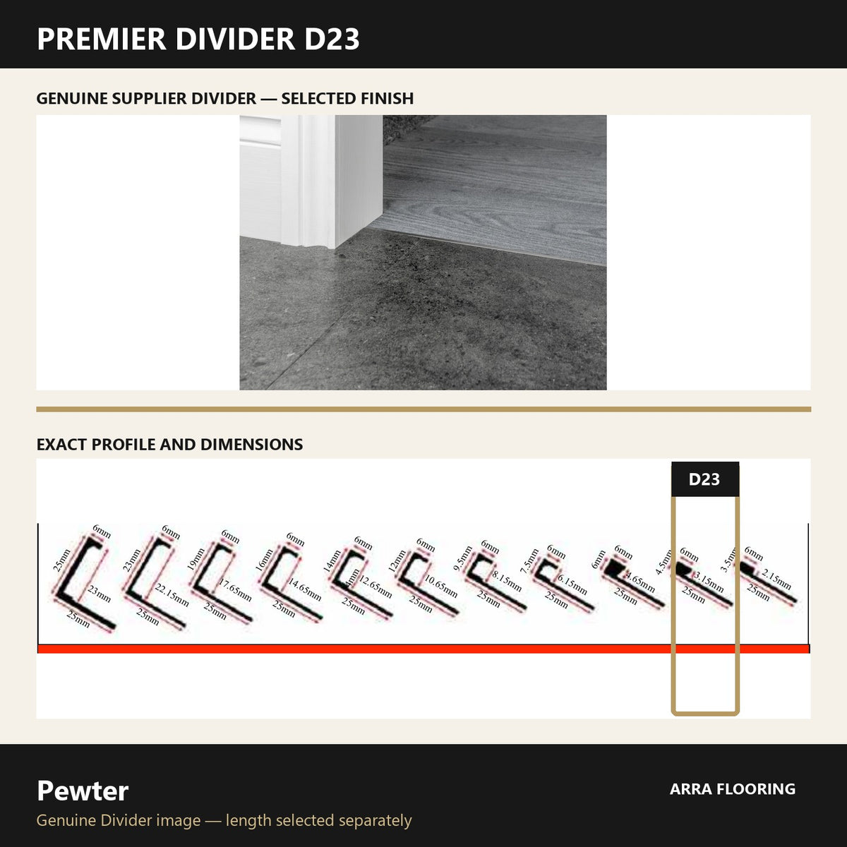 Premier Divider D23 in Pewter — genuine Divider image and dimensioned profile