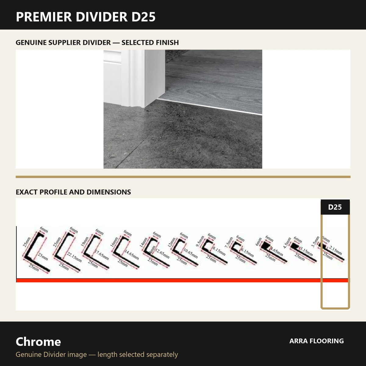 Premier Divider D25 in Chrome — genuine Divider image and dimensioned profile