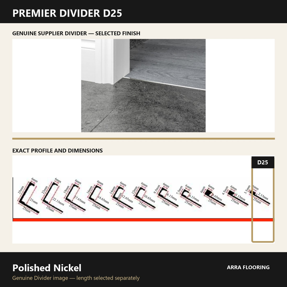 Premier Divider D25 in Polished Nickel — genuine Divider image and dimensioned profile