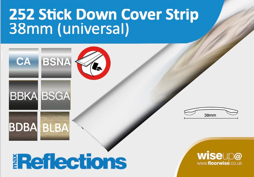 Max Reflections 252 stick-down coverstrip product display with 38mm width and multiple brushed and metallic finish options.