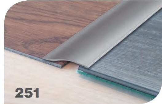 Max Reflections 251 stick-down ramp profile installed between 6mm wood and vinyl floors, offering a smooth, screw-free transition.