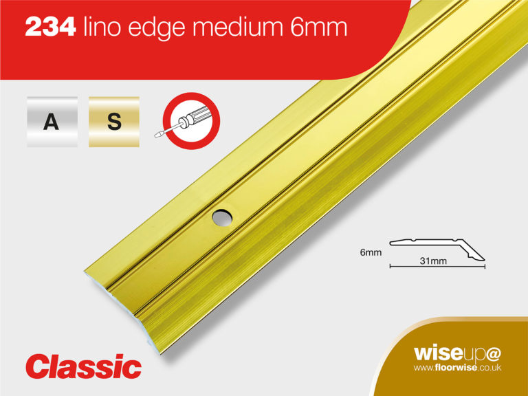 Gold 6mm Classic Lino Edge Transition Profile by Floorwise, durable and stylish for medium floor edges, ideal for vinyl flooring.