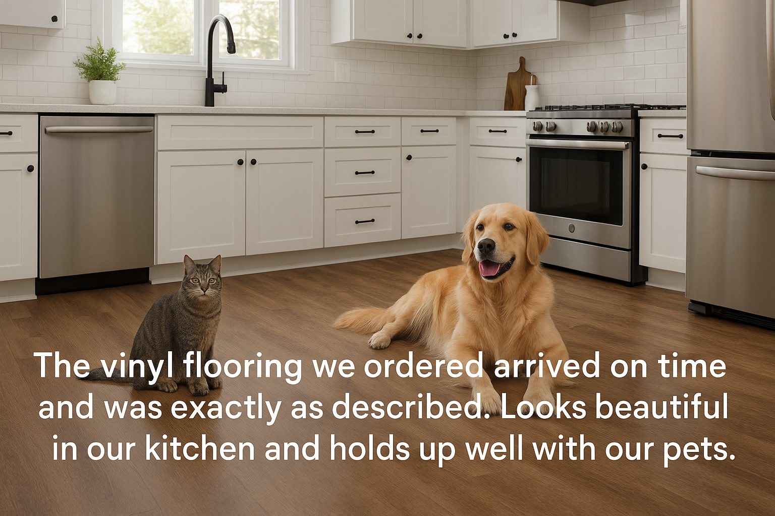 Beautiful kitchen with vinyl flooring and pets showing durability