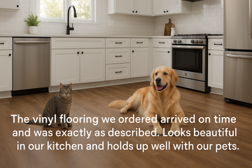 Beautiful kitchen with vinyl flooring and pets showing durability