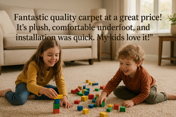 Family room with plush carpet where children are playing