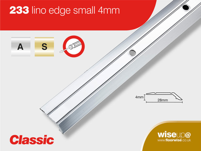 Classic Range 4mm Lino Edge Transition Profile in silver finish, designed for smooth floor edge transitions in vinyl or lino flooring.