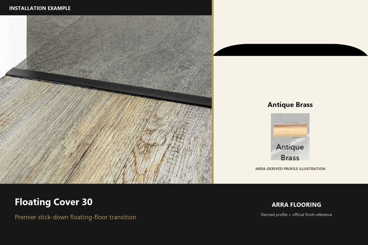 Premier Floating Cover 30 — Antique Brass — Arra-derived profile illustration and official finish reference