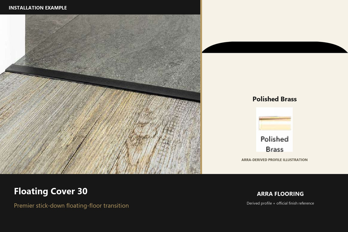 Premier Floating Cover 30 — Polished Brass — Arra-derived profile illustration and official finish reference