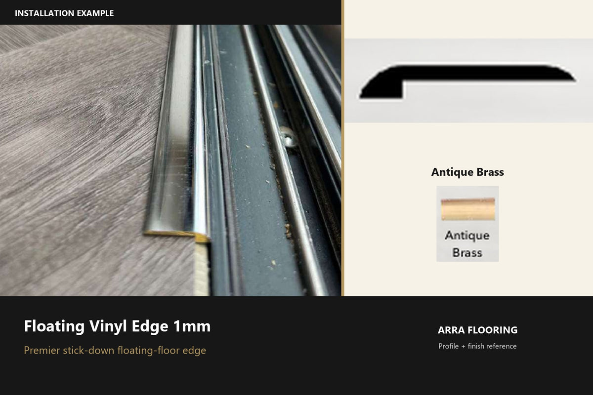 Premier Floating Vinyl Edge 1mm — Antique Brass — profile and finish reference