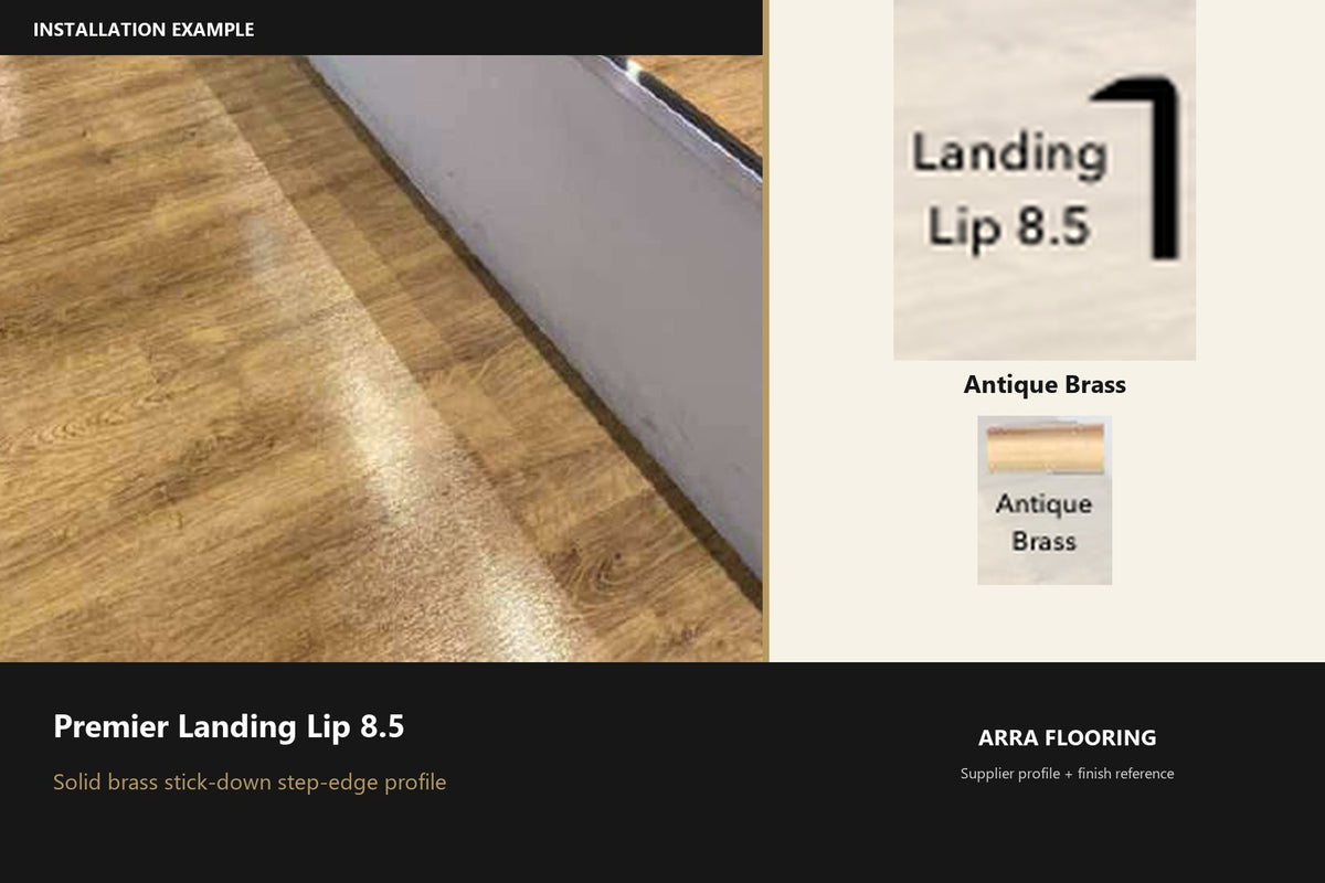 Premier Landing Lip 8.5 — Antique Brass — profile and finish reference