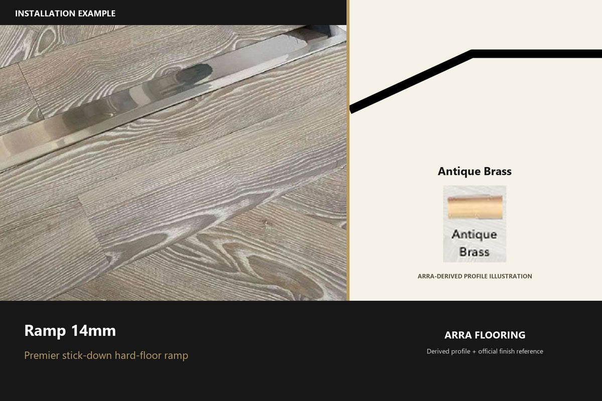 Premier Ramp 14mm — Antique Brass — Arra-derived profile illustration and official finish reference