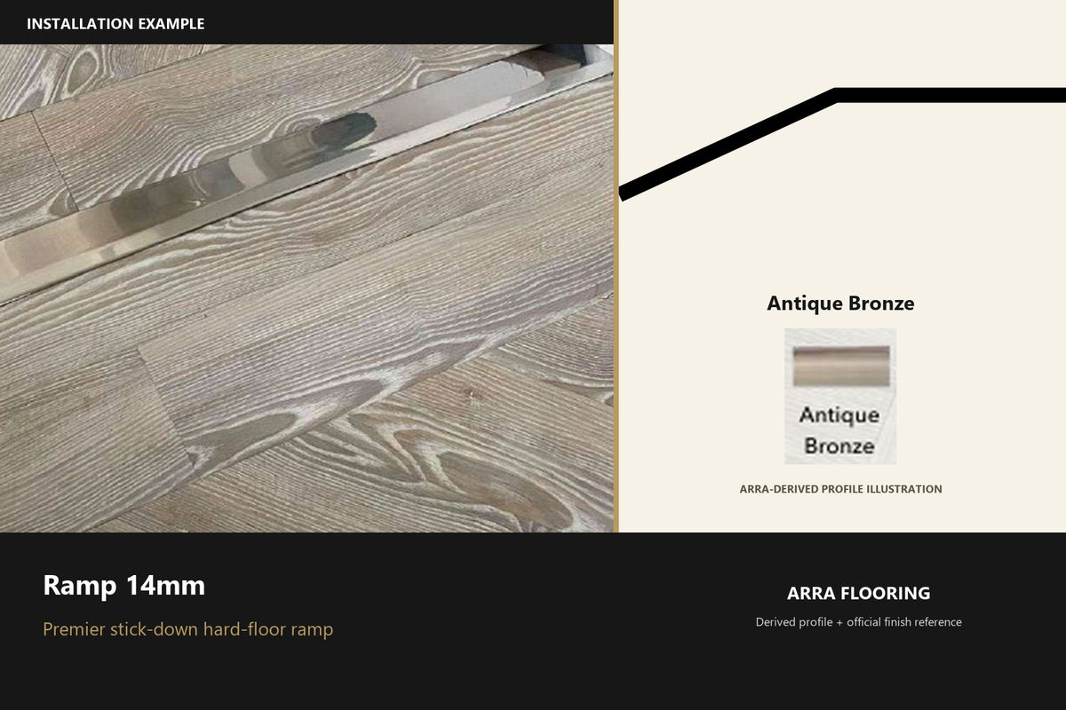 Premier Ramp 14mm — Antique Bronze — Arra-derived profile illustration and official finish reference