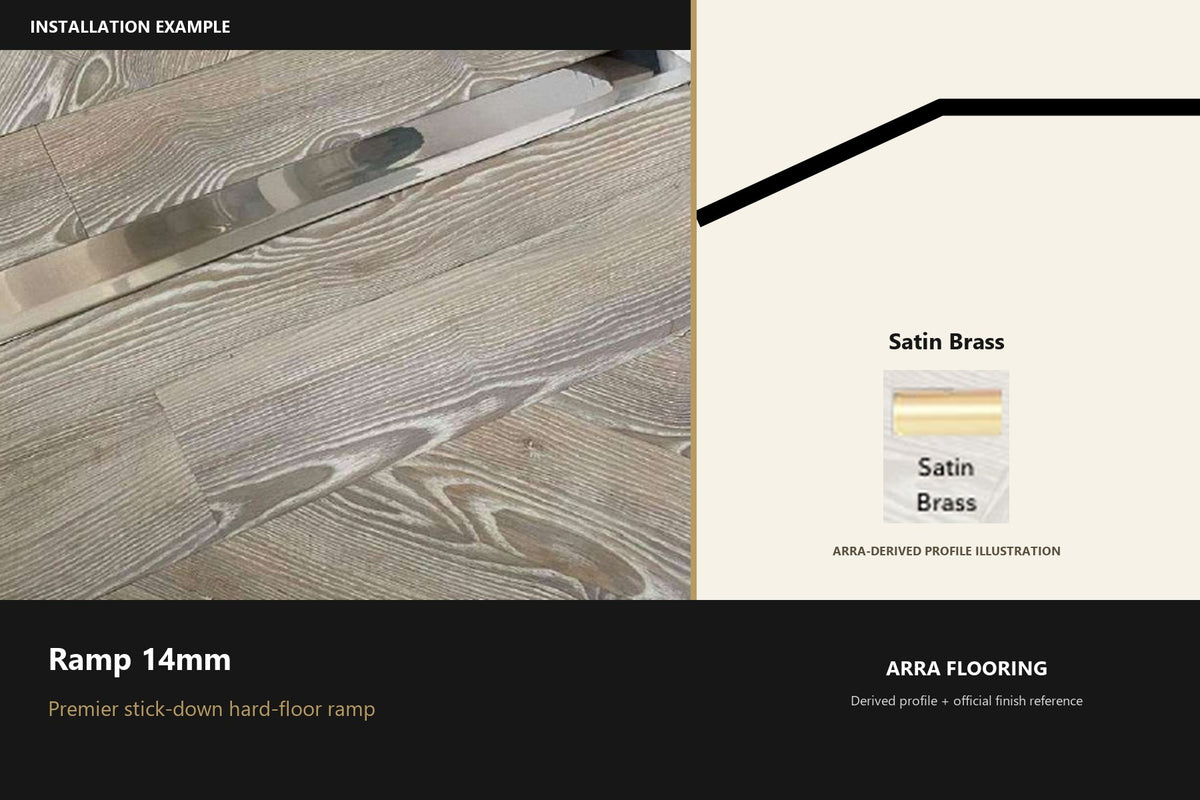 Premier Ramp 14mm — Satin Brass — Arra-derived profile illustration and official finish reference