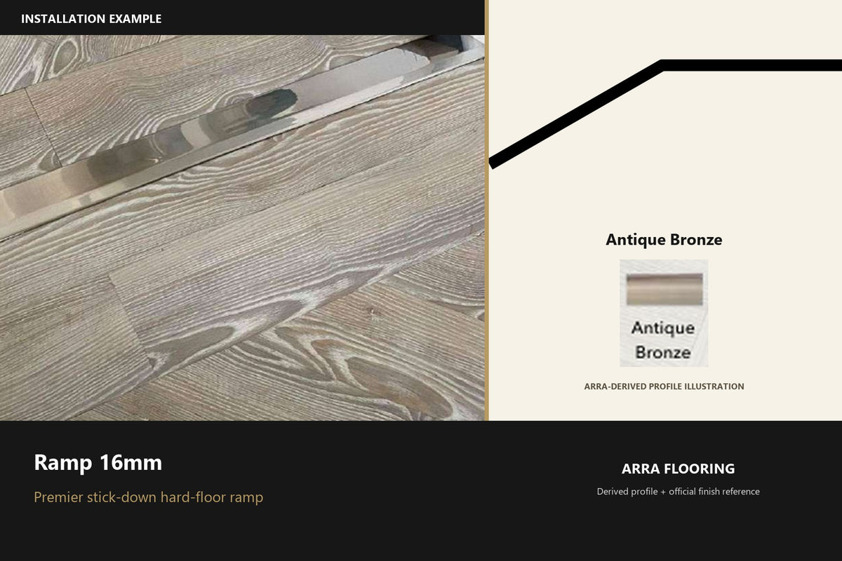Premier Ramp 16mm — Antique Bronze — Arra-derived profile illustration and official finish reference