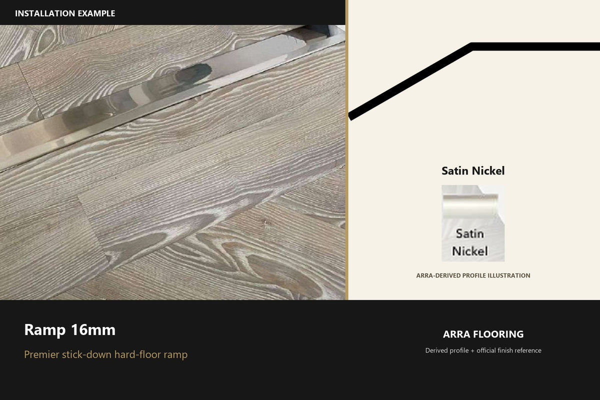 Premier Ramp 16mm — Satin Nickel — Arra-derived profile illustration and official finish reference