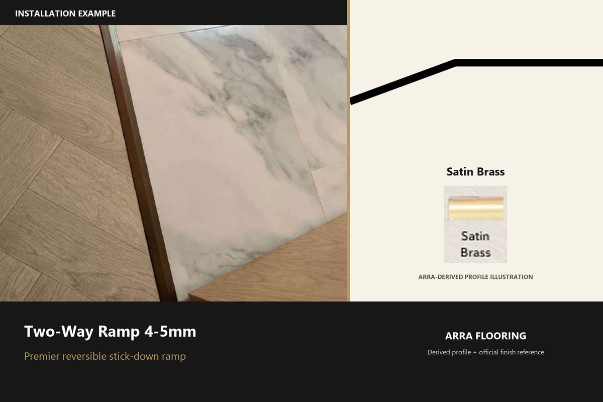 Premier Two-Way Ramp 4-5mm — Satin Brass — Arra-derived profile illustration and official finish reference