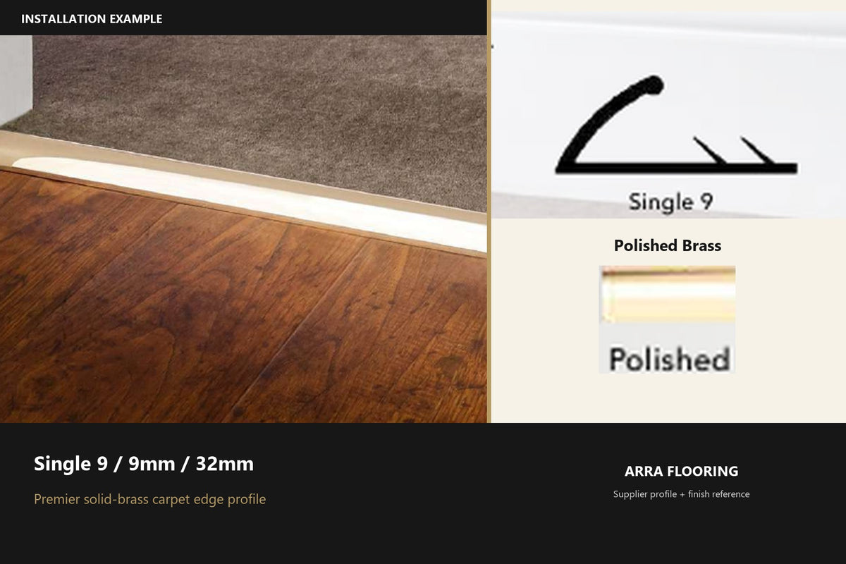 Premier Single 9 / 9mm / 32mm — Polished Brass — profile and finish reference