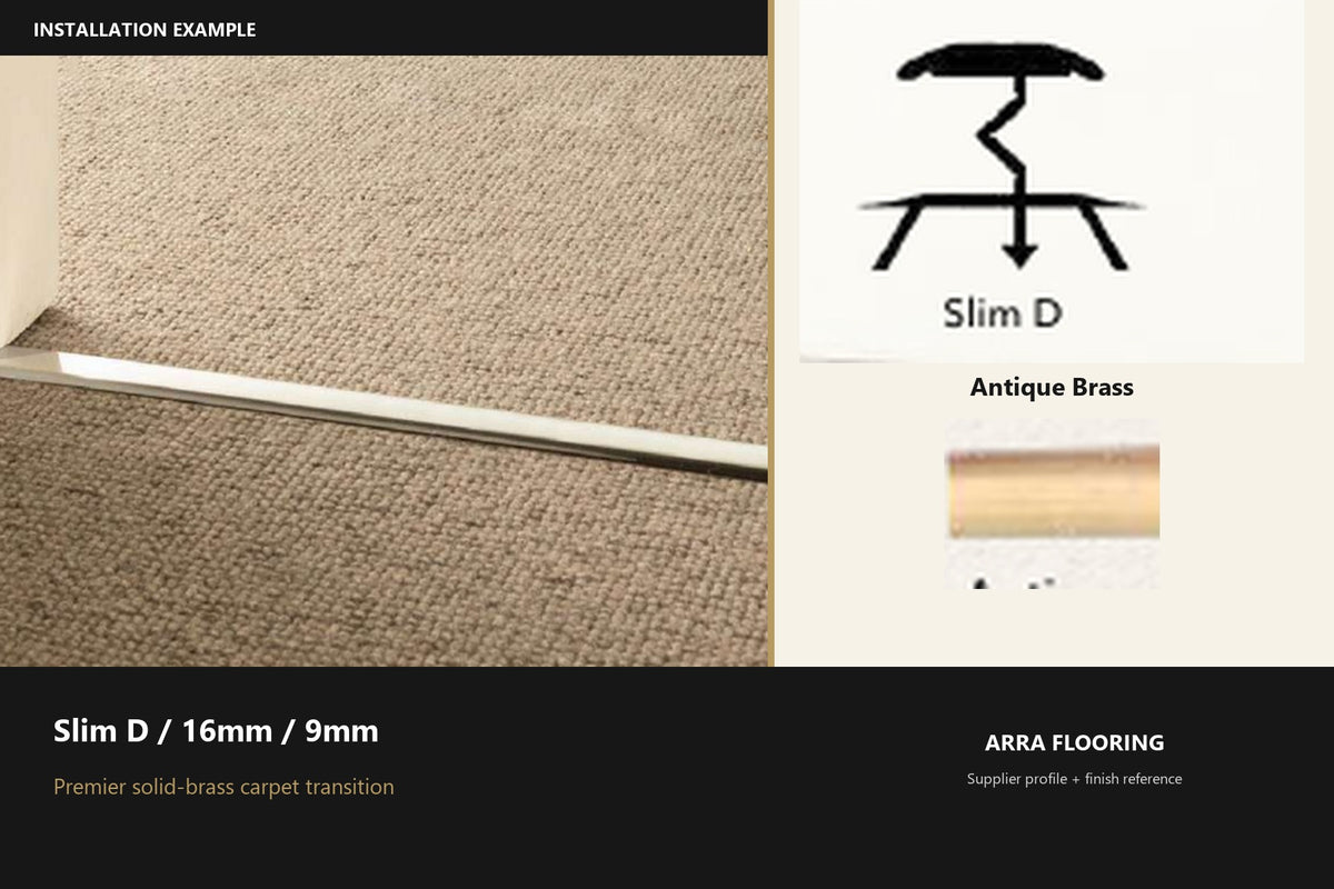 Premier Slim D / 16mm / 9mm — Antique Brass — profile and finish reference