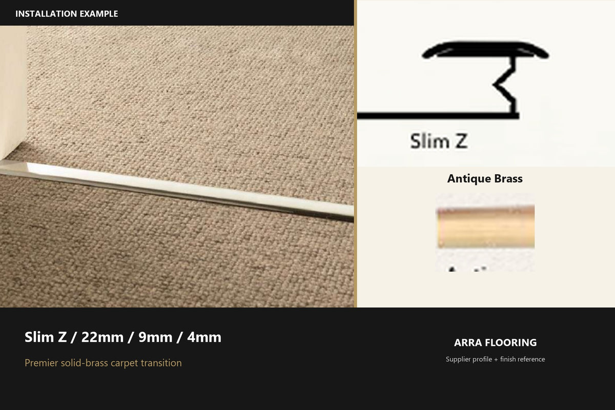 Premier Slim Z / 22mm / 9mm / 4mm — Antique Brass — profile and finish reference