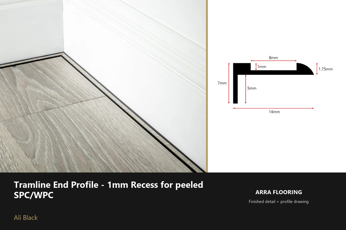 Stair Rods UK Tramline End Profile - 1mm Recess for peeled SPC/WPC — 180cm — Ali Black