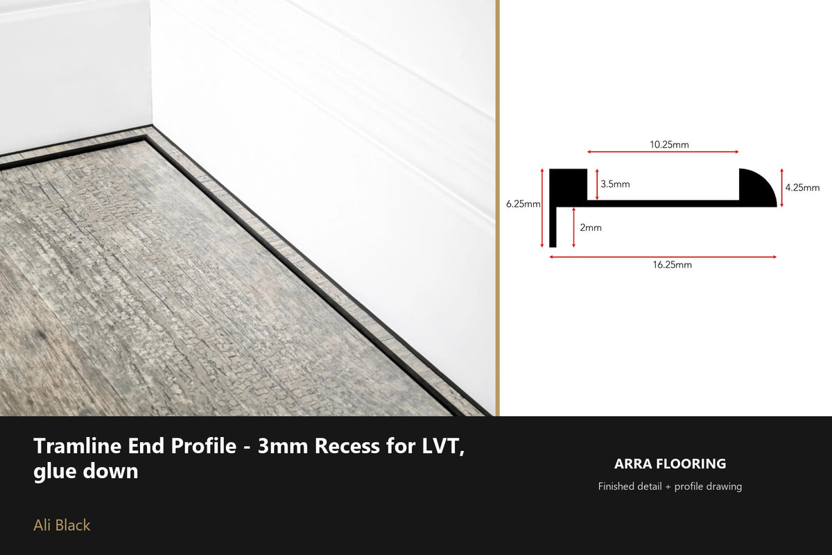 Stair Rods UK Tramline End Profile - 3mm Recess for LVT, glue down — 180cm — Ali Black