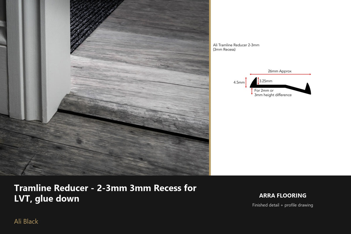 Stair Rods UK Tramline Reducer - 2-3mm 3mm Recess for LVT, glue down — 180cm — Ali Black