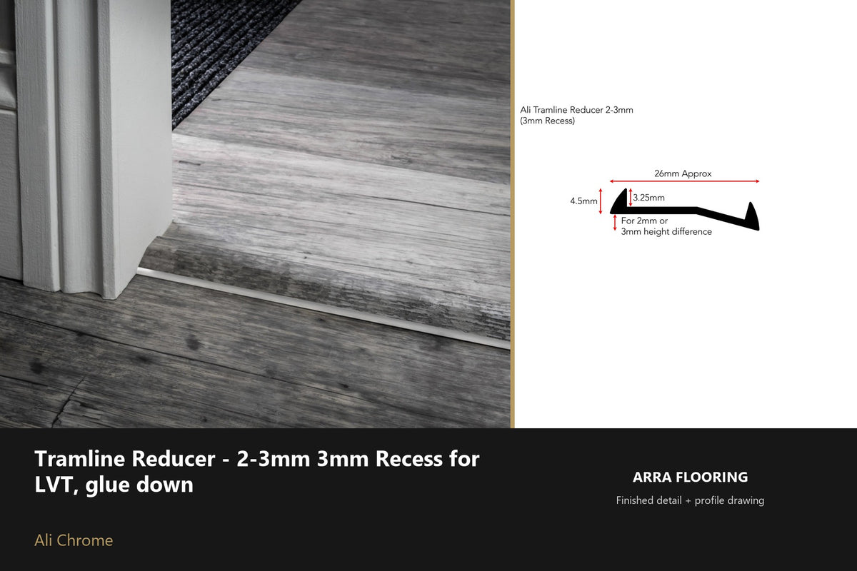 Stair Rods UK Tramline Reducer - 2-3mm 3mm Recess for LVT, glue down — 180cm — Ali Chrome