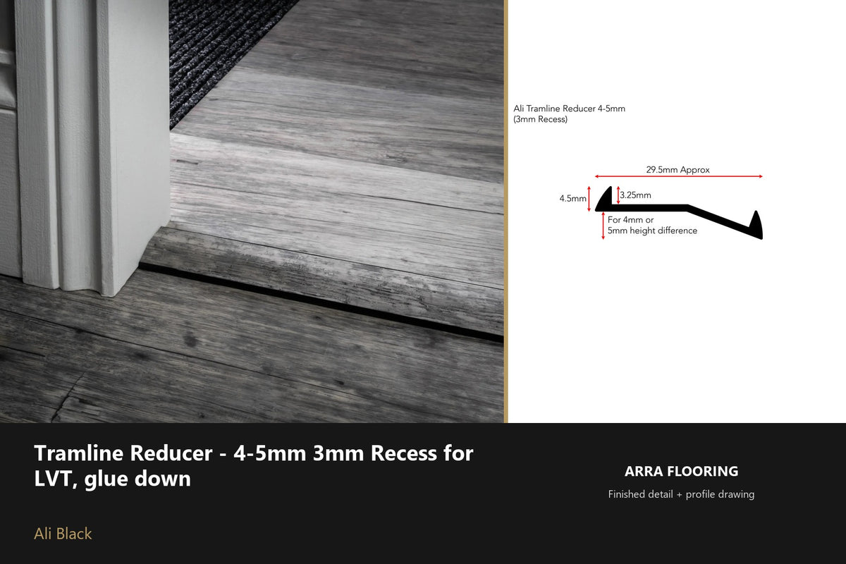 Stair Rods UK Tramline Reducer - 4-5mm 3mm Recess for LVT, glue down — 180cm — Ali Black