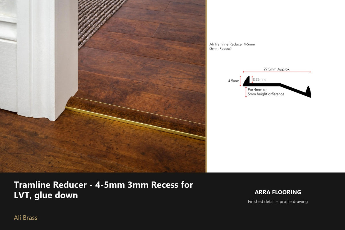 Stair Rods UK Tramline Reducer - 4-5mm 3mm Recess for LVT, glue down — 180cm — Ali Brass