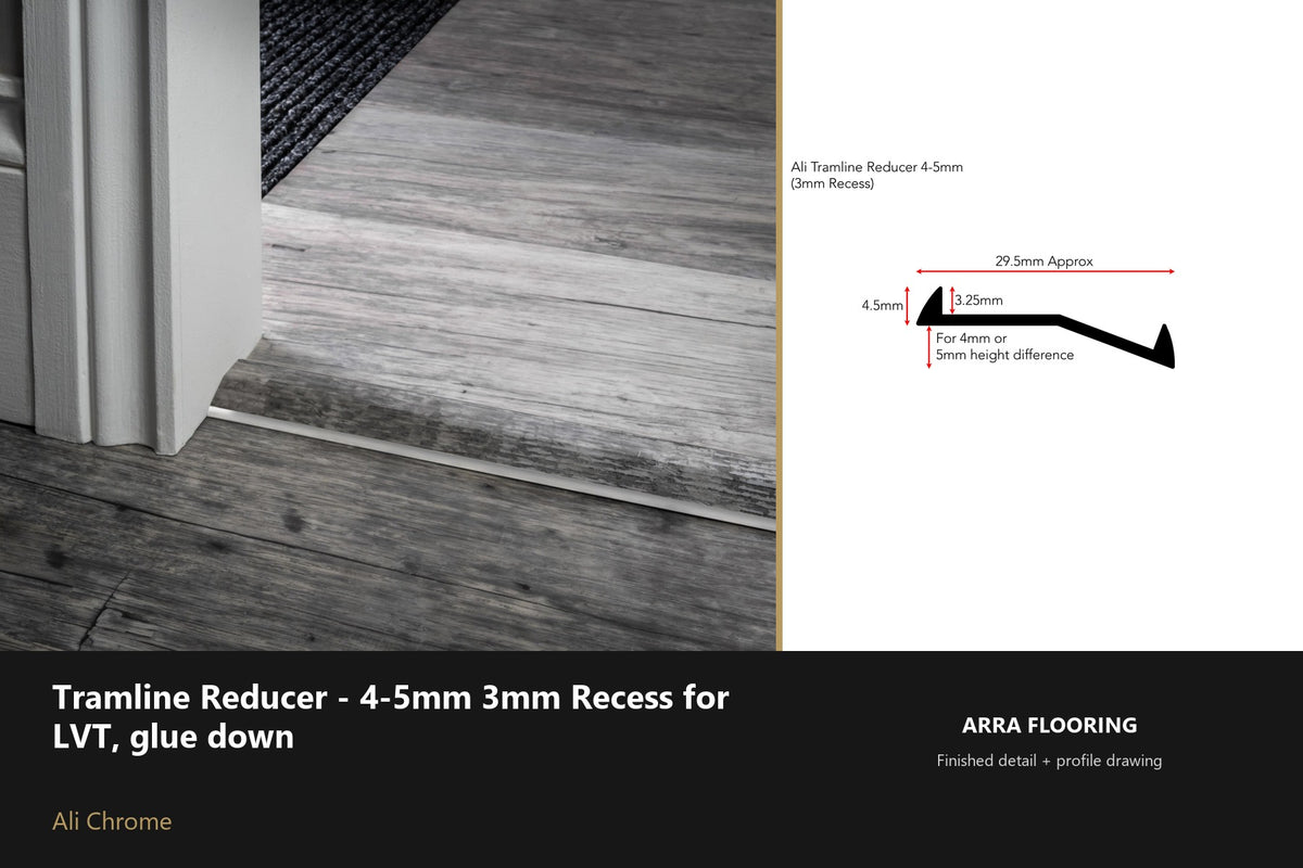Stair Rods UK Tramline Reducer - 4-5mm 3mm Recess for LVT, glue down — 180cm — Ali Chrome