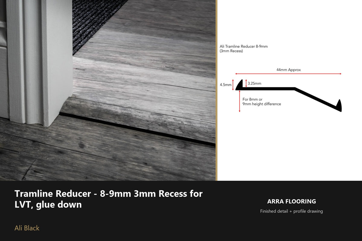 Stair Rods UK Tramline Reducer - 8-9mm 3mm Recess for LVT, glue down — 180cm — Ali Black