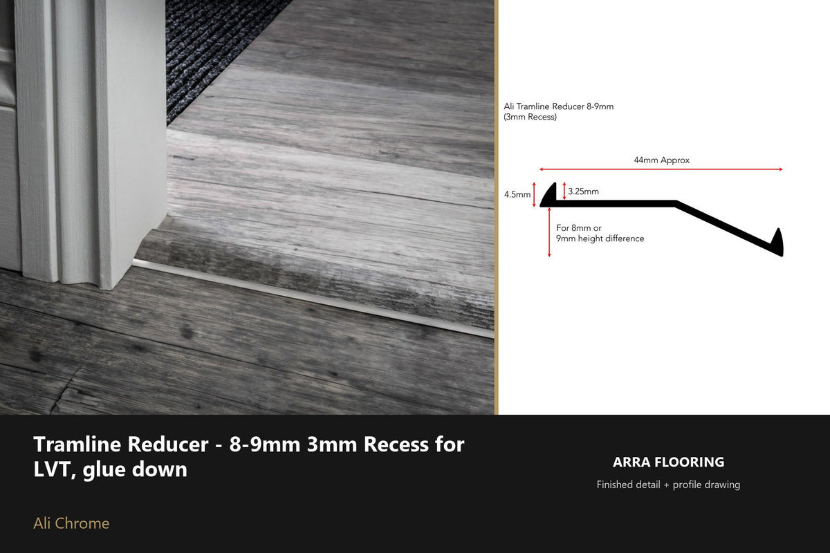Stair Rods UK Tramline Reducer - 8-9mm 3mm Recess for LVT, glue down — 180cm — Ali Chrome