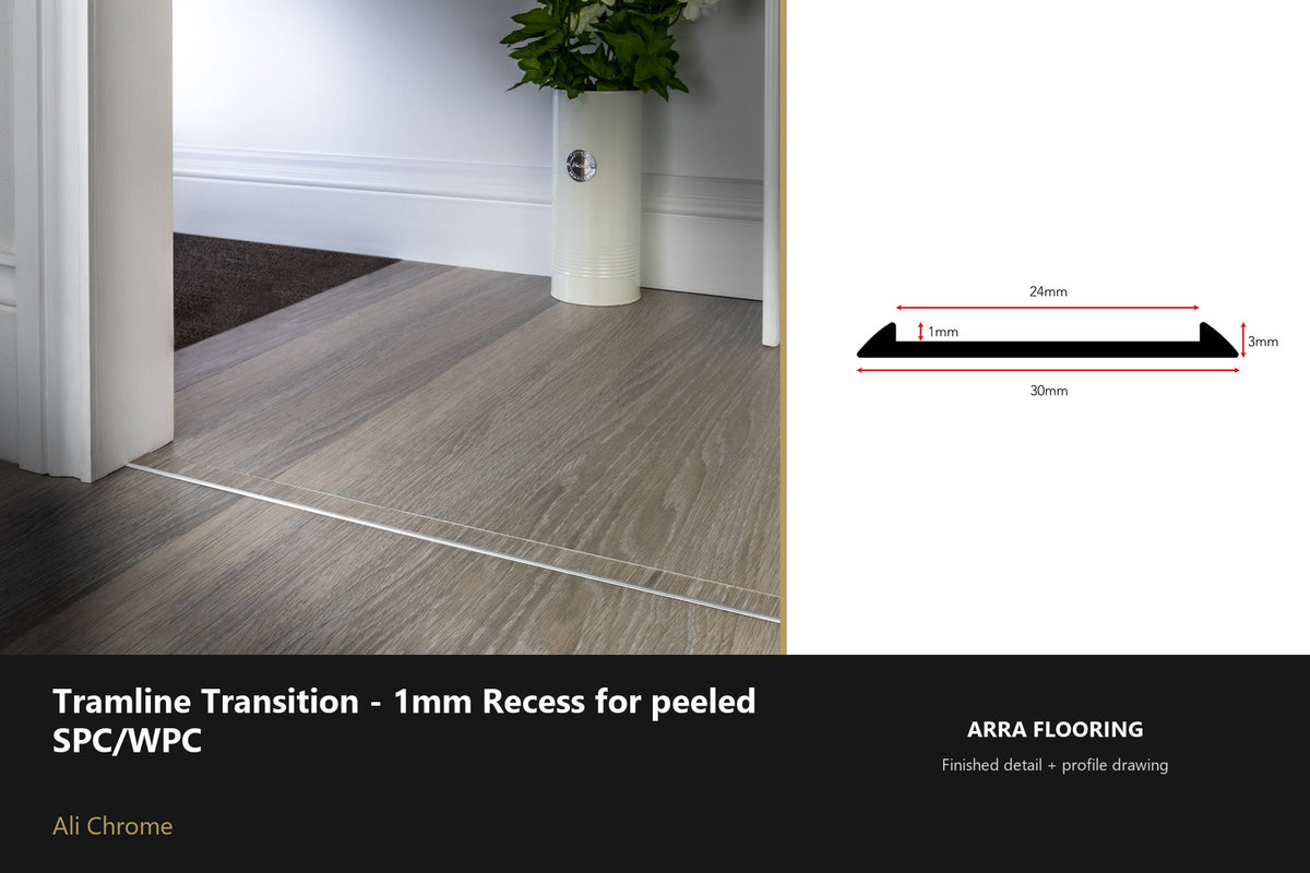 Stair Rods UK Tramline Transition - 1mm Recess for peeled SPC/WPC — 180cm — Ali Chrome