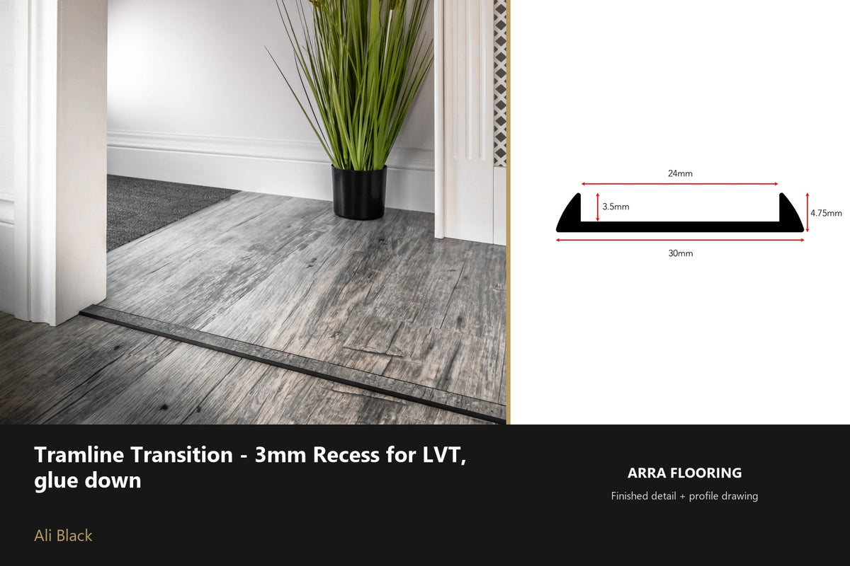 Stair Rods UK Tramline Transition - 3mm Recess for LVT, glue down — 180cm — Ali Black