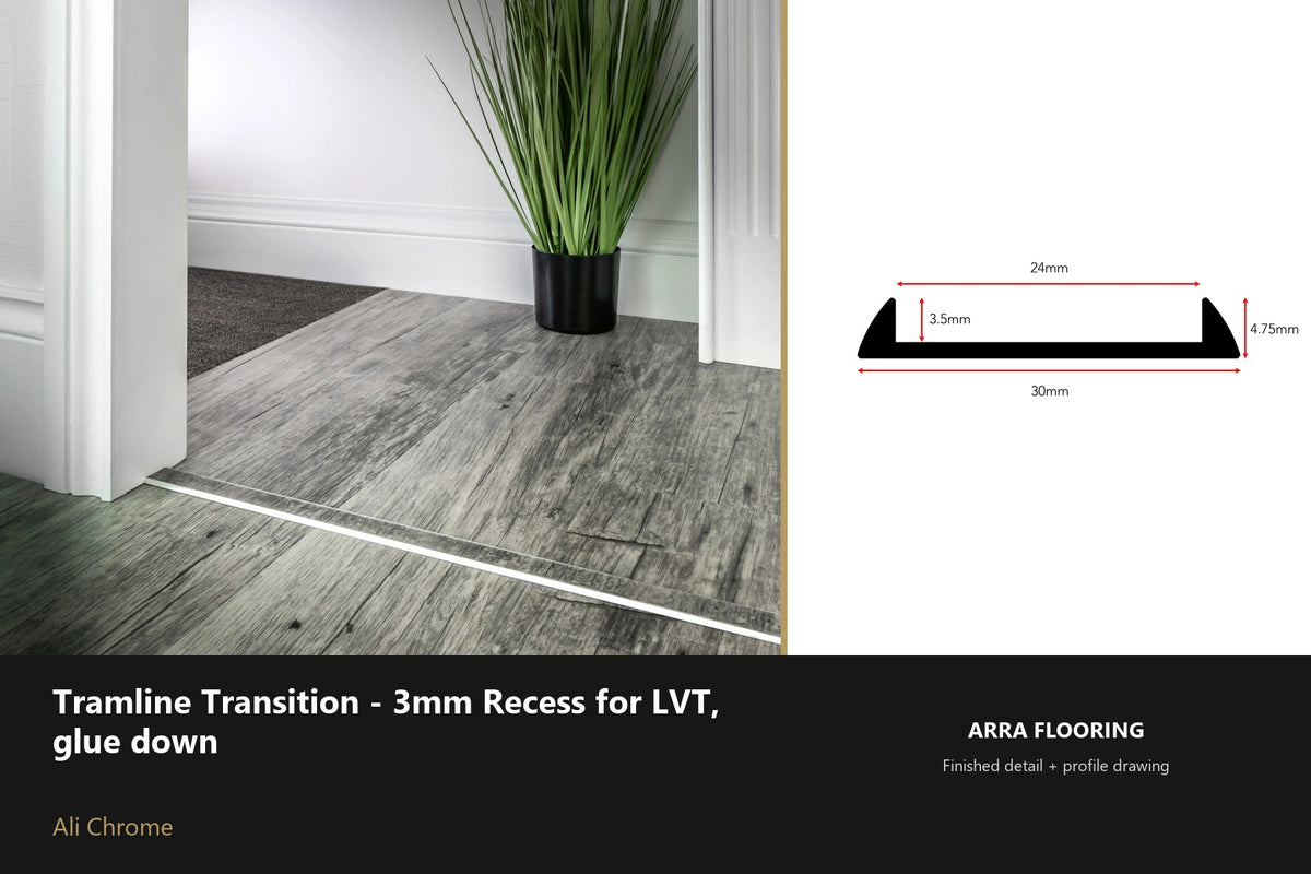 Stair Rods UK Tramline Transition - 3mm Recess for LVT, glue down — 180cm — Ali Chrome