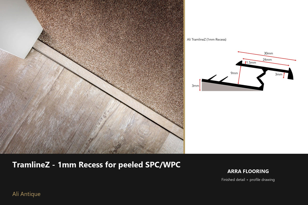 Ali TramlineZ — 1mm Recess for SPC/WPC — Ali Antique finish — profile and section detail