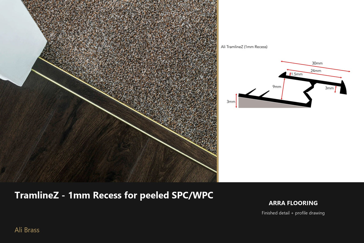 Ali TramlineZ — 1mm Recess for SPC/WPC — Ali Brass finish — profile and section detail
