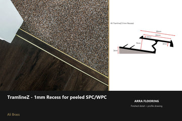 Ali TramlineZ — 1mm Recess for SPC/WPC — Ali Brass finish — profile and section detail