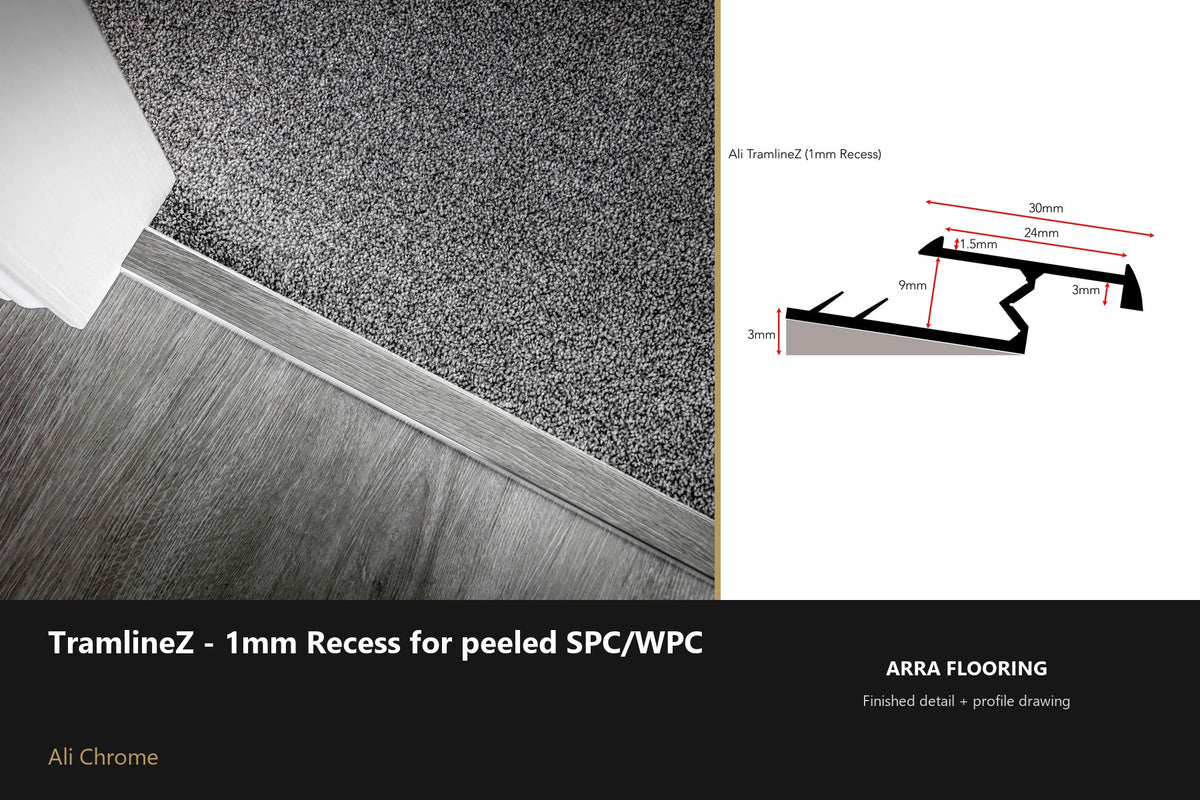 Ali TramlineZ — 1mm Recess for SPC/WPC — Ali Chrome finish — profile and section detail