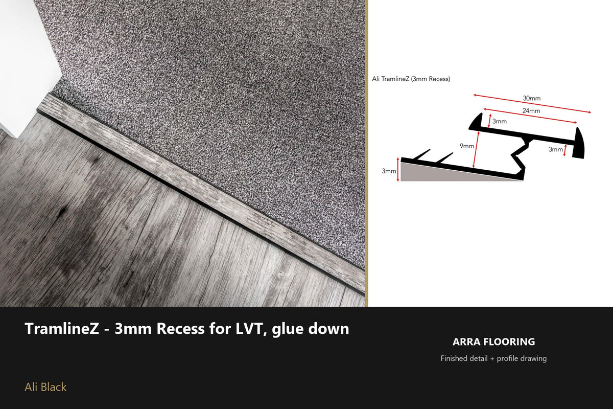 Ali TramlineZ — 3mm Recess for LVT — Ali Black finish — profile and section detail
