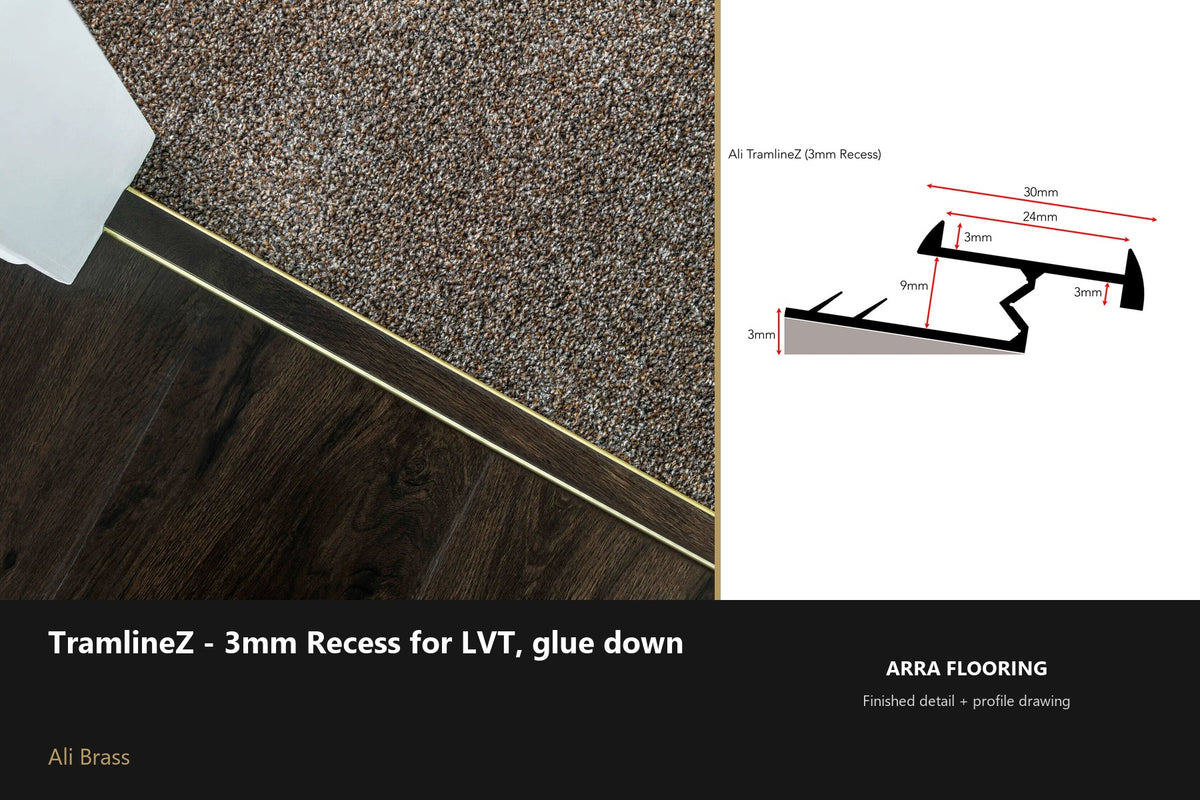 Ali TramlineZ — 3mm Recess for LVT — Ali Brass finish — profile and section detail